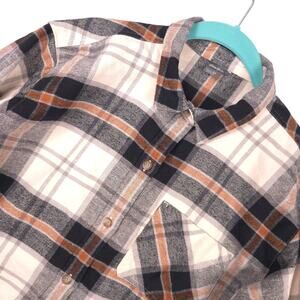 Eddie Bauer Plaid Flannel Shirt Hemp Blend Button Up Brown Cream Womens Medium